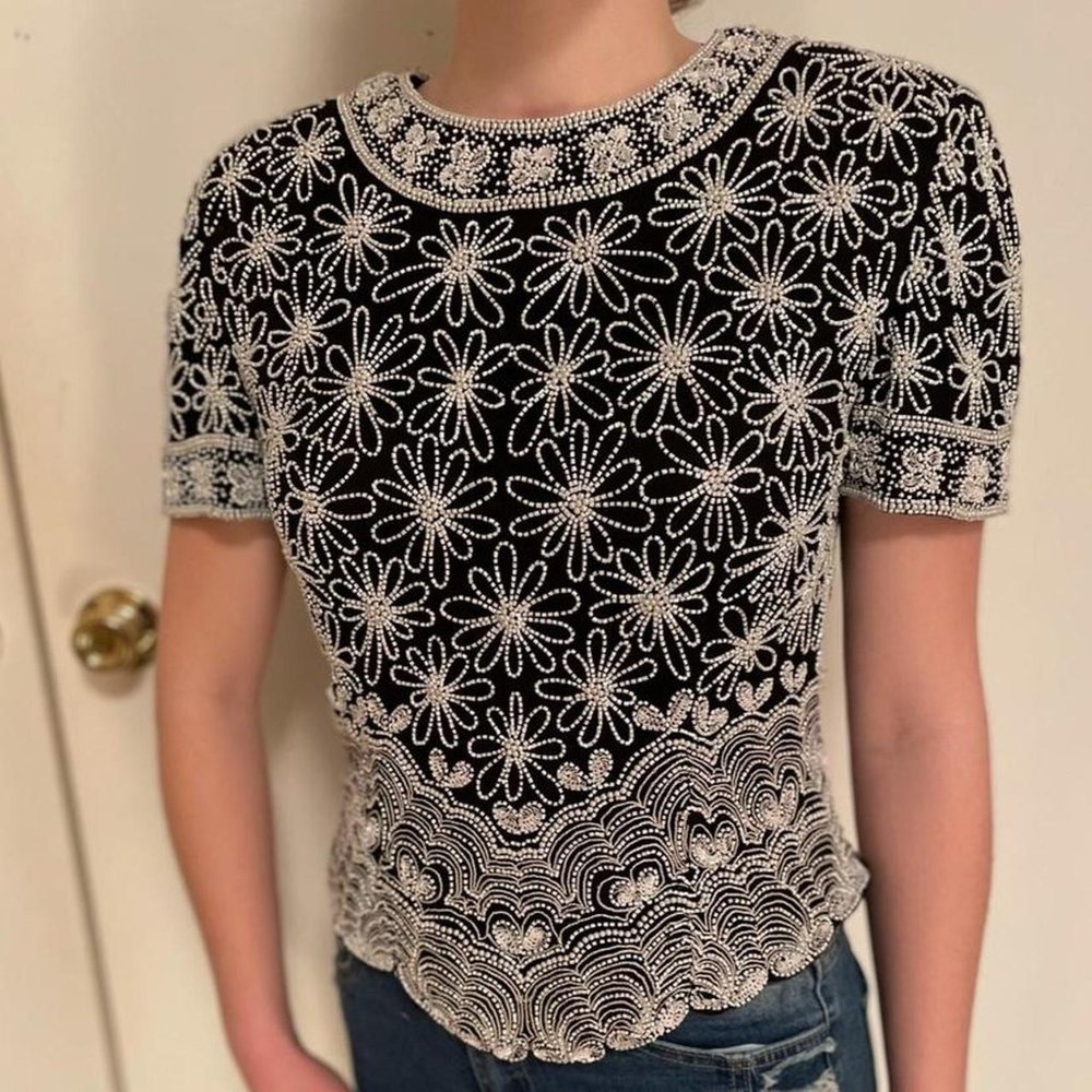 Beaded Sunflower Blouse Vtg 90s